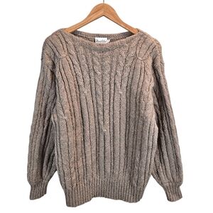 Vintage Madeleine Mohair Blend Tan Chunky Cable Knit Sweater Pullover Medium